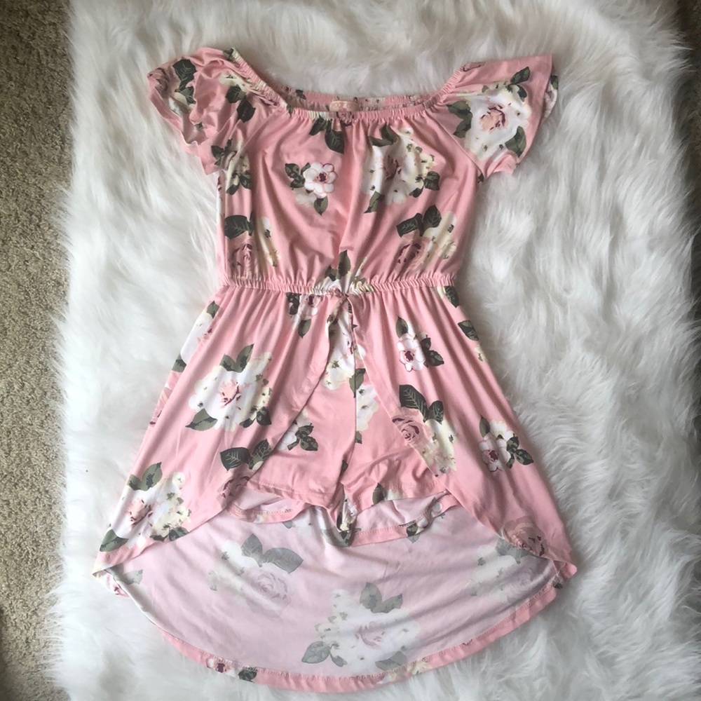 Girls pink floral off the shoulder playsuit/romper